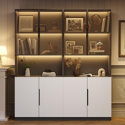 Vitrina minimalista moderna con luces LED, temperatura de color ajustable y brillo, puertas blancas con detalles negros, 30 x 160 x 80 cm, perfecto para coleccionables.