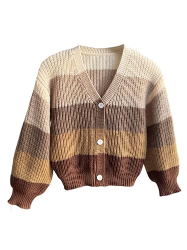 Image of BEAUDRM Girl's Rainbow Cardigan Sweater Fall Cute Sweaters Colorblock Button Down Cardigan Long Sleeve Knitted Top