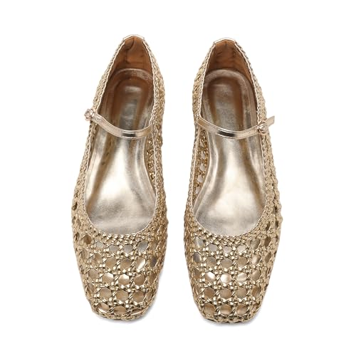 Woven Mesh Ballet Flats for Women with Metal Buckle Strap Ballerina Flat Shoes Comfortable Round Toe Mary Jane Flat.