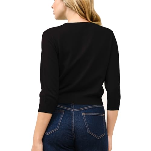 Image of Women's Cropped Cardigan 3 /4 Sleeve Crewneck Button Up Sweater Knit Top (S~XL)
