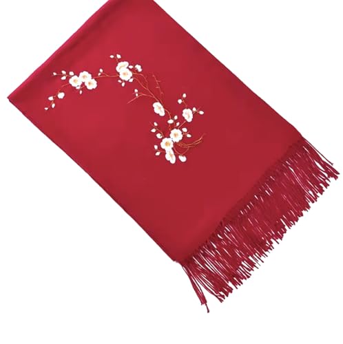 Secret for Longevity Classic Medium Weight Japanese Sakura Cherry Blossom Embroidered Deep Red Burgundy Womens Cashmere Feel Scarf Wrap (27" wide x 75" long)2
