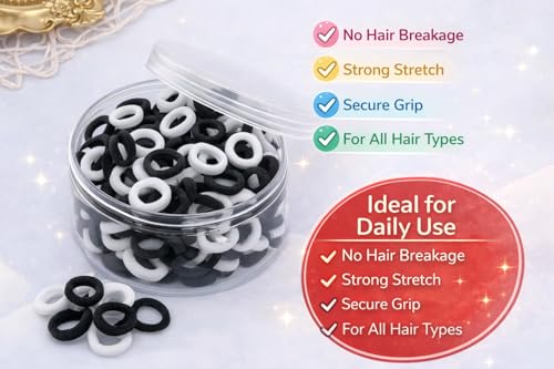 Image of Frescorr (100 pcs) Baby Hair Ties | Soft No-Damage Premium Elastic Mini Rubber Bands for girls | Strong Stretch Ponytail Holders | Daily Use Hair Accessories | (white-Black)