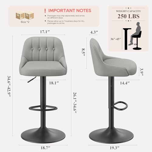 Image of MALOL Bar Stools Set of 4, Swivel Bar Chairs, Modern Adjustable PU Leather Upholstered Barstools Counter Height with Tufted Back for Bar, Kitchen Counter Island, Dining Room, Grey