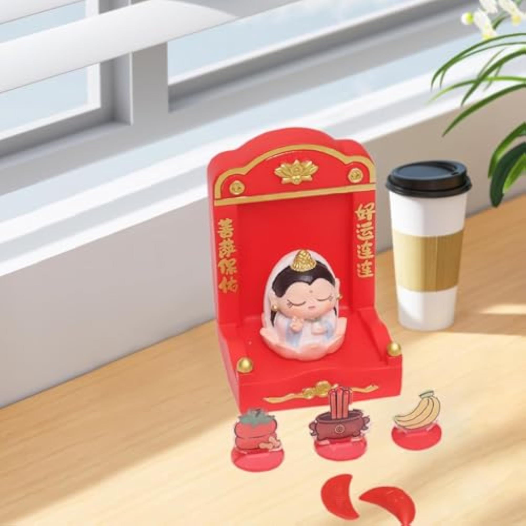 Chinese Deity Statue with Tribute Set for Home Décor