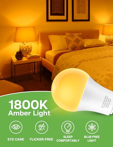 Image of Sleep Light Bulb 100 Watt Equivalent 13W, Blue Light Blocking, 1800K Amber Color Light Bulbs, A19 Warm Light Bulb for Healthy Sleep and Baby Nursery Kids Bedroom, 2 Pack