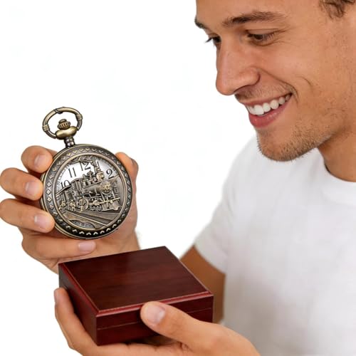 Image of Udaney Locomotive Pocket Watch with Wooden Gift Box for Men | Locomotive Engraved Design | Vintage Pocket Watch | Wooden Gift Box Included | Collectible Keepsake | Ready to Gift