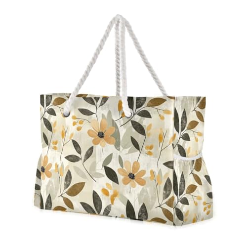 Flowers Olive Green and Sand Sturdy Tote Bags For School with side pocketes Duffel Bag Women for Pool Gym Grocery Travel