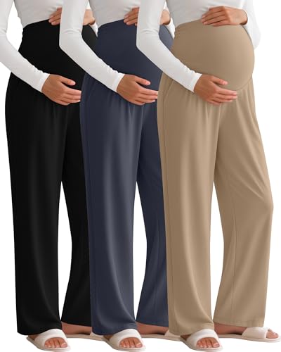 Sweetyweee 3 Pack Women's Maternity Pants Over The Belly Pregnancy Pants Stretchy Loose Wide Leg...