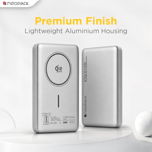 Image of Neopack Rapid Pro Magsafe Power Bank 10000 mAh with 25W Fast Wireless Charging | QI2 Technology | LED Indicator | Strong Magnetic Hold | USB-C In & Output Compatible with iPhone 12 & New Model, Silver