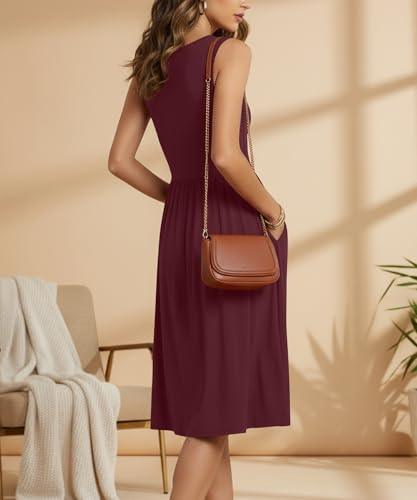 Image of NILOUFO Sleeveless Dress for Women Summer Knee Length Sundress with Pockets | Sundresses for Women Tank Empire Waist Sun Dress Cold Shoulder Casual V Neck Midi Dress Flowy Summer Dresses for Women