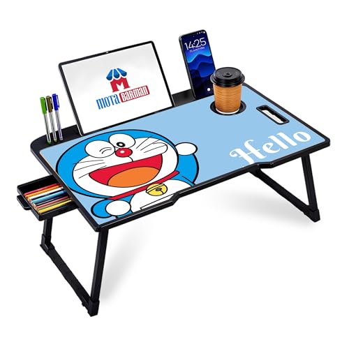 Image of Foldable Wooden Laptop Bed Tray Table, Multifunction Lap Tablet Desk with Cup Holder, for Eating Breakfast, Reading Book, Working, Watching Movie on Bed (Doremon)