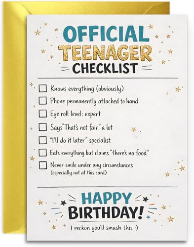 Funny Teenager Birthday Card Design - For Teen Boy or Girl 13th Birthday Card - A5 Size Card with Gold Envelope