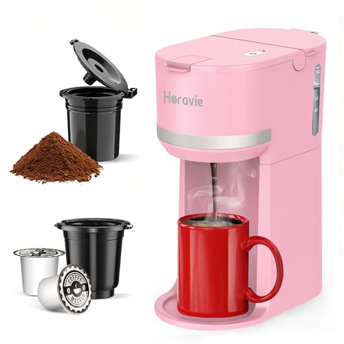 Image of Horavie Mini Single Serve Coffee Maker for K-Cup Pod and Grounds, Fast Brew One Cup Coffee Machine with Descaling Reminder and Water Window, 6 to 12 oz. Brew Sizes, Pink
