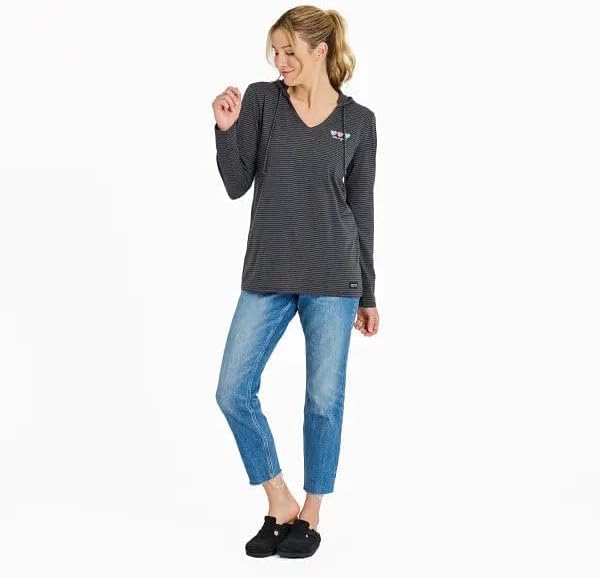 Life is Good Women's 3 Hearts Long Sleeve Striped Crusher-LITE Hooded Tee, True Black