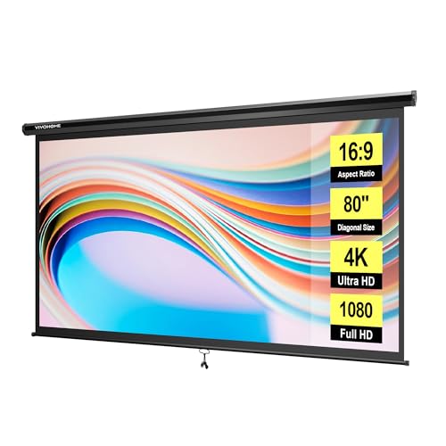 Image of VIVOHOME 80 Inch 16:9 Pull Down Projector Screen, HD 4K Retractable Movie Screen for Indoor Home Theater and Office, Manual Projection Screen with Auto Locking (70Wx40H Inch Display Area)