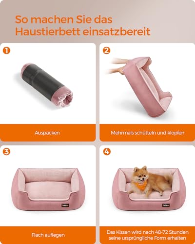 Feandrea Hundebett, Hundekissen in Leinenoptik, Hundekorb, erhöhte Ränder, rutschfeste Unterseite, Bezug abnehmbar waschbar, M, für kleine Hunde, 70 x 55 x 21 cm, pastellrosa PGW010R01