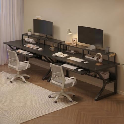 Image of TEKAVO Plik Computer Table for Home Pc | Office Table for Home | Shelf, Moniter Riser & Keyboard Tray, Laptop Table, Worktable, Study Table, Workstation | Black Wood, Metal, (150 Cm x 60 Cm) DIY