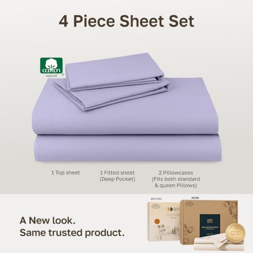 Image of Soft Natural 100% Cotton Sateen Queen Sheet Set, 4 Pc Set, Lavender