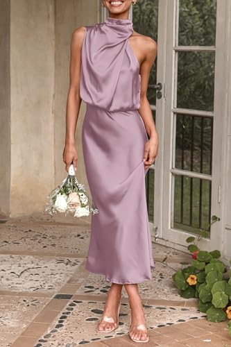 Image of PRETTYGARDEN Women's 2026 Summer Satin Dress Elegant Sleeveless Mock Neck Cocktail Party Maxi Dresses