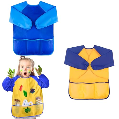 Norhogo 2 Stück Malkittel Wasserdichter Schürze mit Ärmeln, malkittel kinder und 3 Taschen für Malschürze Kinder 5-8 Jahre, für Schule Kunst Malerei, Kochen, Essen,Laboraktivität- Blau & Gelb