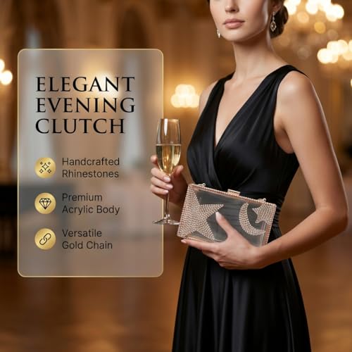 Image of Ladies Clear Acrylic Moon and Star Rhinestone Chain Bag Sparkly Transparant Clutch Purse for Women Evening