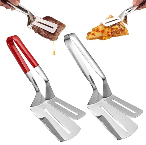 2Pcs Double-Sided Stainless Steel Grill Clamp Spatula, All-Purpose Shovel Clip, Upgrades Anti-Scald Extended Handle Spatula Tongs, for Grilling Meat, Fish and Pancakes with Non-Slip Grip