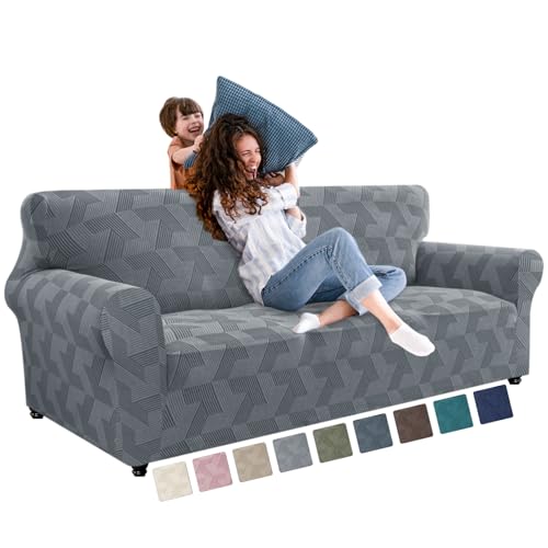JIVENER 1 Piece Couch Cover for 3 Cushion Couch, High Stretch Sofa Covers with Elastic Bottom, Washable Sofa Slipcovers for Dog, Pets Feature Geometrical Jacquard Fabric (Sofa, Light Grey)
