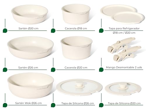 Batteria da Cucina 18 Pezzi con Manico Amovibile – Padelle Antiaderenti e Pentole Ø 18/24/28 cm – Compatibili con Tutti i Piani Cottura, Inclusa Induzione – Facile da Pulire a Mano (Beige) - immagine 3