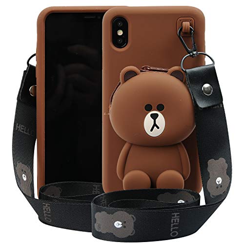 Phenix Color Cartoon Case for iPhone XR 6.1", 3D Cute Soft Silicone Animated Protective Gel Back Cover with Pocket and Detachable Necklace (Bear, iPhone XR 6.1")
