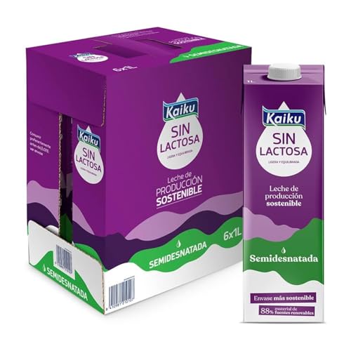 Kaiku Sin Lactosa - Leche Sin Lactosa, Semidesnatada UTH, de Producción Sostenible, con Vitaminas A, D y E, con Ácido Fólico - Pack 6 x 1 L