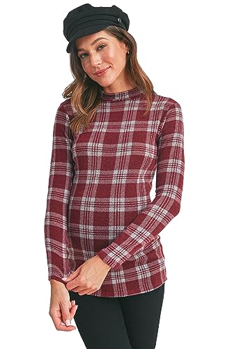 HELLO MIZ - Womens Maternity Knit Top with Mock Neck Long Sleeve Sweater, Small, Burgundy Plaid - Best Deal on Amazon
