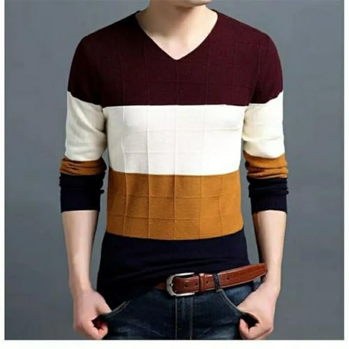 Men Simple Casual Long Sleeve Sweater V-Neck Color Block Jacquards Loose Knit Pullover4