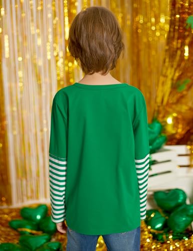 Image of Unisex Kid's St Patrick's Day Shamrock Top Striped Patchwork Irish Clover Long Sleeve Shirt 4-14 Years