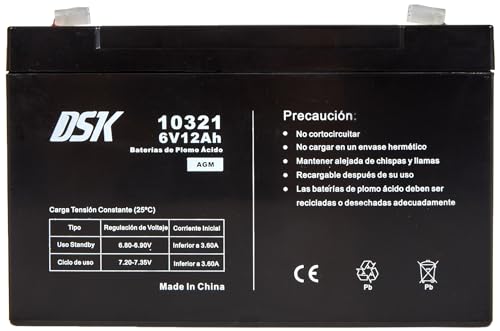 DSK 10321 — 6 V und 12 Ah versiegelte wiederaufladbare AGM-Bleibatterie Ideale Batterie für Elektroautos und Motorräder für Kinder, USV/USV-Systeme, Sicherheitssysteme und Alarmanlagen