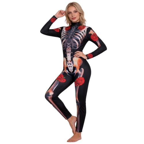 ZDSUHYIW Traje de esqueleto para mujer, mono de esqueleto para mujer, sexy y espeluznante, disfraz de Halloween para Halloween, fiesta de disfraces, juego de rol, cosplay