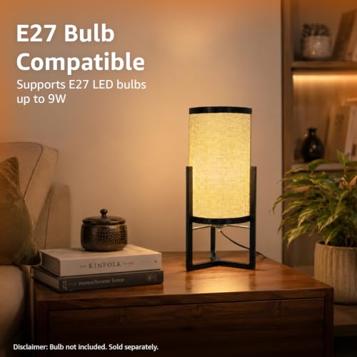 Image of Amazon Basics Minar Black Iron Frame Table Lamp | Iron Tripod Base with Polyester Shade | E27 Holder | Decorative Night Lamp for Bedroom, Living Room & Study Room | Home Decor Gift