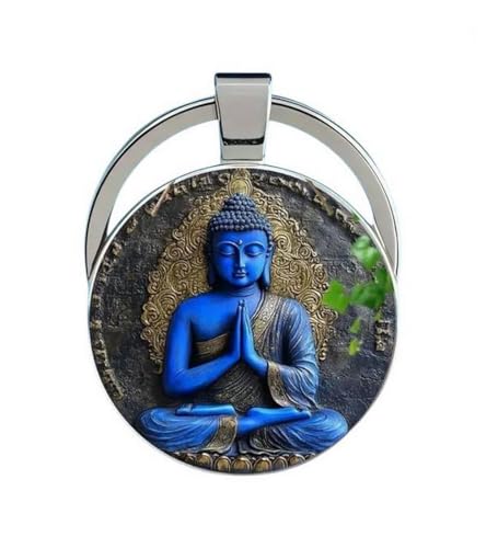 Llavero, joya de bolsa de cabujón buda azul espiritual en oración de meditación.