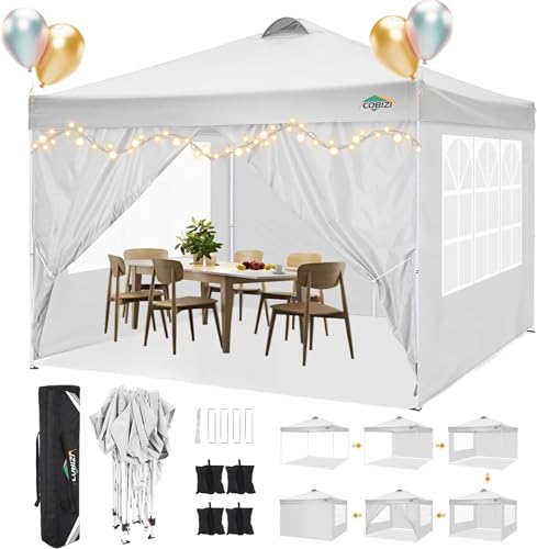 COBIZI Pavillon 3x3m Wasserdicht Stabil Winterfest Faltpavillon Partyzelt Gartenpavillon mit 4 Seitenteilen,4 Sandsäckes und Entlüftung,UV Schutz 50+,pop up faltbar für Outdoor Garten(Weiß