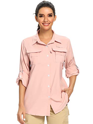 Jessie Kidden Women's UPF 50+ UV Sun Protection Safari Shirt, Long Sleeve Outdoor Cool Quick Dry Fishing Hiking Gardening Shirts (5055 Pink L)