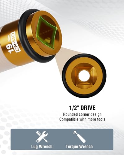 Image of WORKPRO 1 /2 inch Drive Lug Nut Impact Duty Socket, 19mm Deep Thin Wall Socket, Made of Premium Cr-Mo Steel, Non-Marring Lug Nut Wheel Sockets for Car
