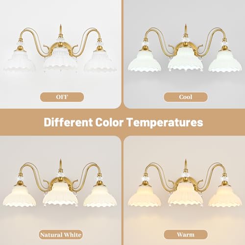 Image of Vintage Bathroom Vanity Light, 3-Light Brushed Gold Finish Wall Sconce with Hanging Crystal Accents and Flower-Shaped White Glass Shades, Retro Wall Mount Vanity Light Over Mirror for Bathroom