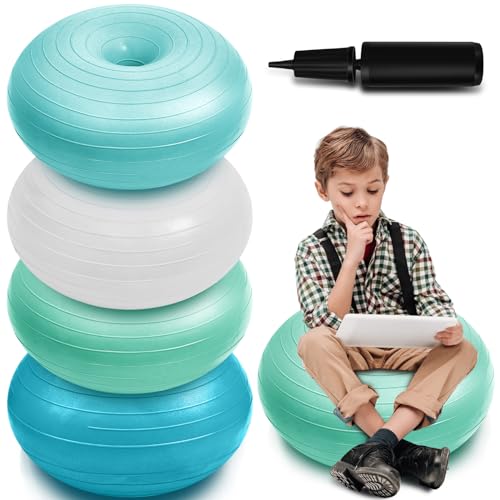 Image of Lewtemi 4 Pcs Flexible Seating for Classroom Elementary, 20'' Yoga Inflatable Ball Chair for Kids, Wobble Chair Donut Ball Chairs with Inflator for Student Sensory Balance Exercise (Trendy Color,)