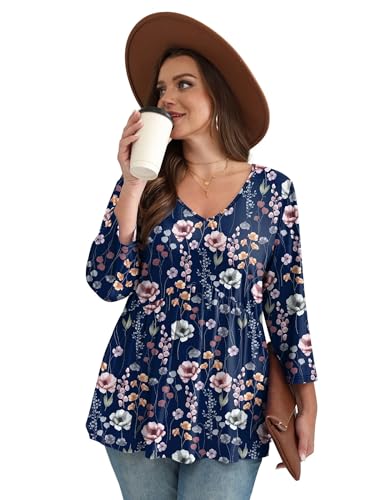 Image of OFEEFAN 3 /4 Length Sleeve Womens Tops 2026 Blouses for Women Dressy Casual Fashion Clothing V Neck Babydoll Tops Fall Outfits