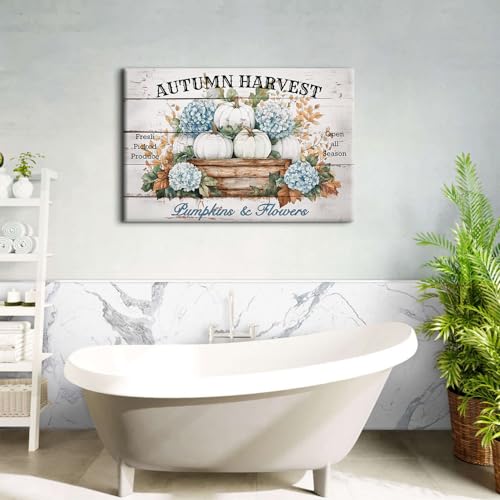 Image of Large Flowers Pumpkin Wall Art Fall Decorations for Home Living Room Wall Decor, Farmhouse Blue and White Hydrangea Floral Poster Canvas Prints Vintage Autumn Harvest Painting Artwork 32x48 inch