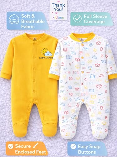 Image of Kidbee Baby Cotton Romper Pack of 2 | 100% Soft Cotton Hosiery | Front Open Snap Buttons | Full Sleeve Footed Sleepsuit | Newborn Baby Clothing Set