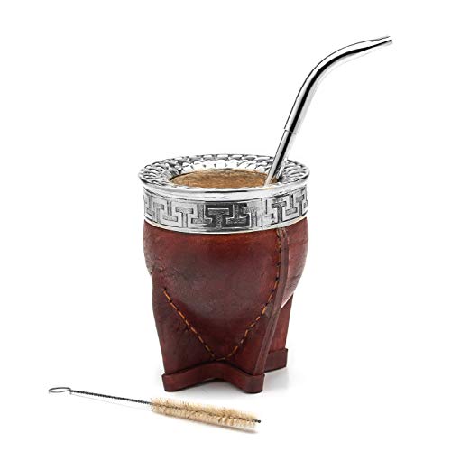balibetov Premium Set - Mate de Calabaza Natural - Mate Uruguayo Forrado en Cuero - Incluye Bombilla y Cepillo de Acero…
