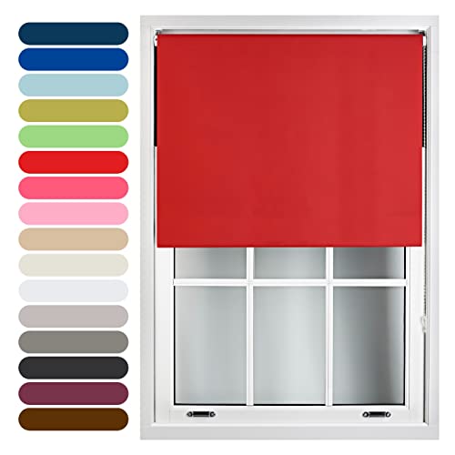 FURNISHED Roller Blinds Thermal Blackout Roller Blind - Trimmable Insulated UV Protection Child Safe Easy Fit Home Office Window Blinds, Red, 45cm x 165cm