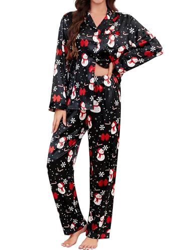 Image of SWOMOG Long Sleeve Pajamas Set Silk Satin Sleepwear Button Down Pjs Loungewear with Pocket