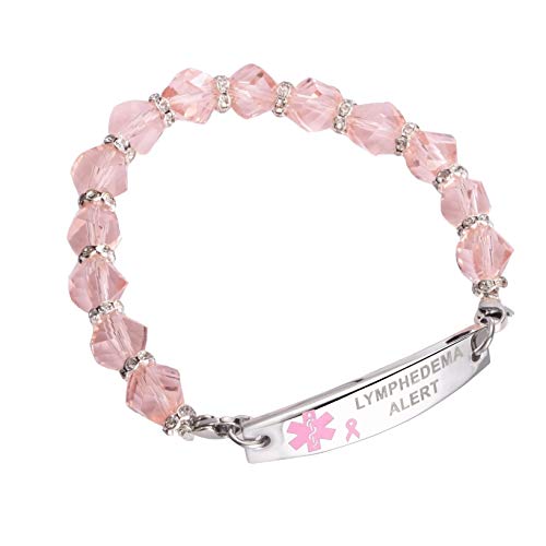 Medical ID Pink Ribbon Beaded Stainless Bracelet Lymphedema Alert No BP IV (7)