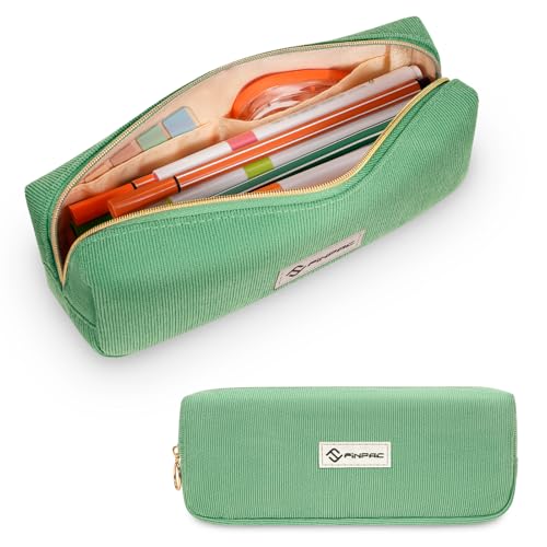 Image of FINPAC Pencil Case, Corduroy Aesthetic Makeup Bag, Cute Kawaii Pen Bag Pouch Holder Box Organize for Study, Office, or Travel (Grass Green)